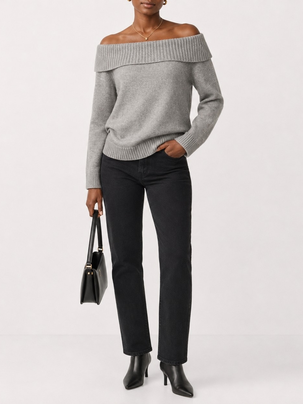NWT PrettyGarden Gray Off-the-Shoulder Foldover Collar Sweater